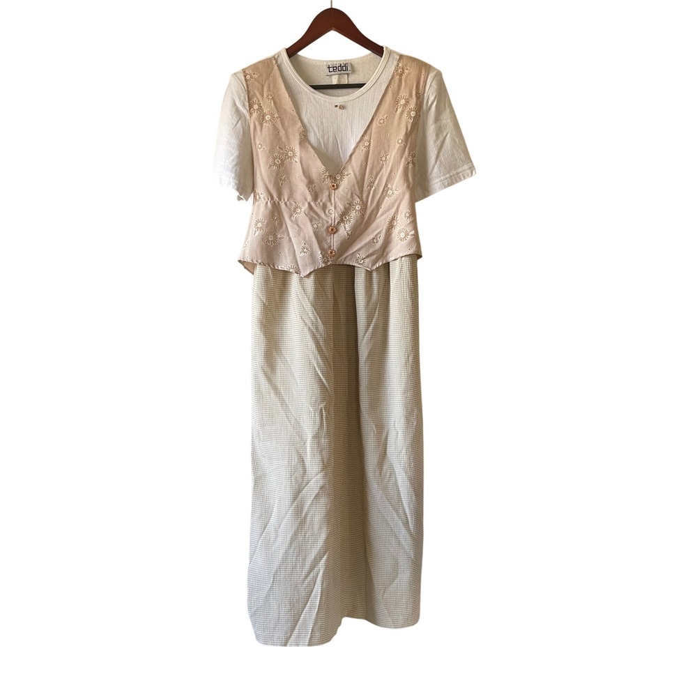 Teddi Petite Vintage Style Layered Gingham Floral vest Dress Tan White